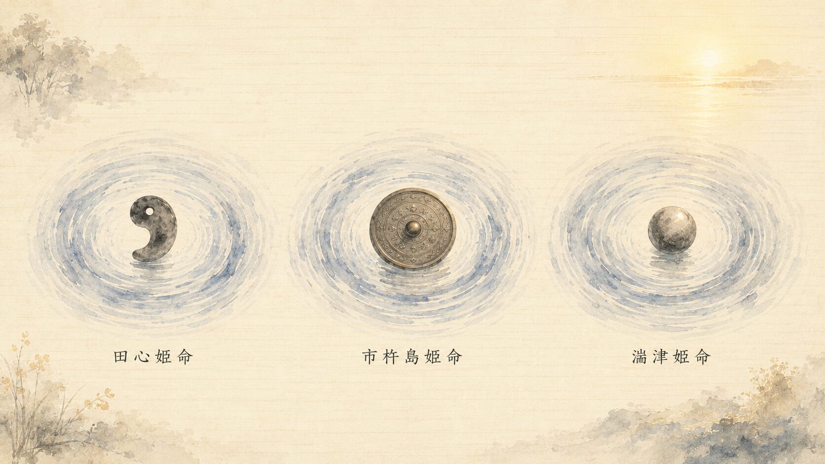 ivory washi 背景に painterly な3つの水紋と、それぞれの中央に勾玉・鏡・玉の象徴、下に田心姫命・市杵島姫命・湍津姫命の墨書きラベル、宗像三女神を象徴する構図