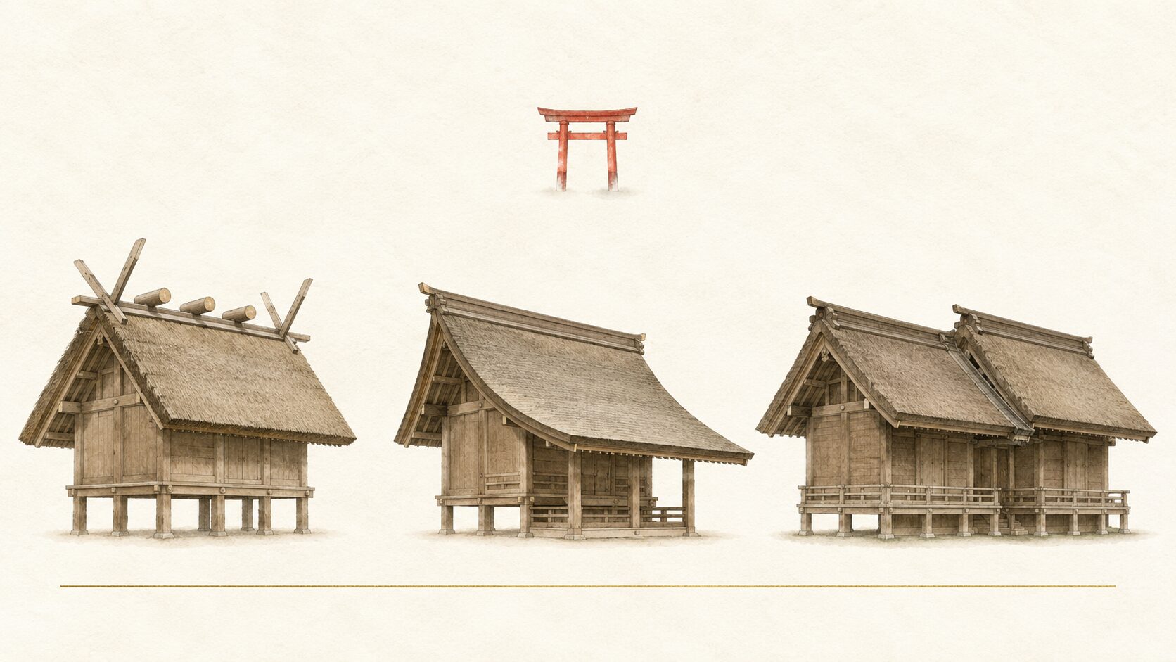 ivory washi 背景に painterly な横並び 3 領域の図解。左に神明造(千木鰹木)、中央に流造(向拝)、右に八幡造(2 棟連結)、上空に朱色鳥居遠景。平入系の 3 様式の対比を象徴