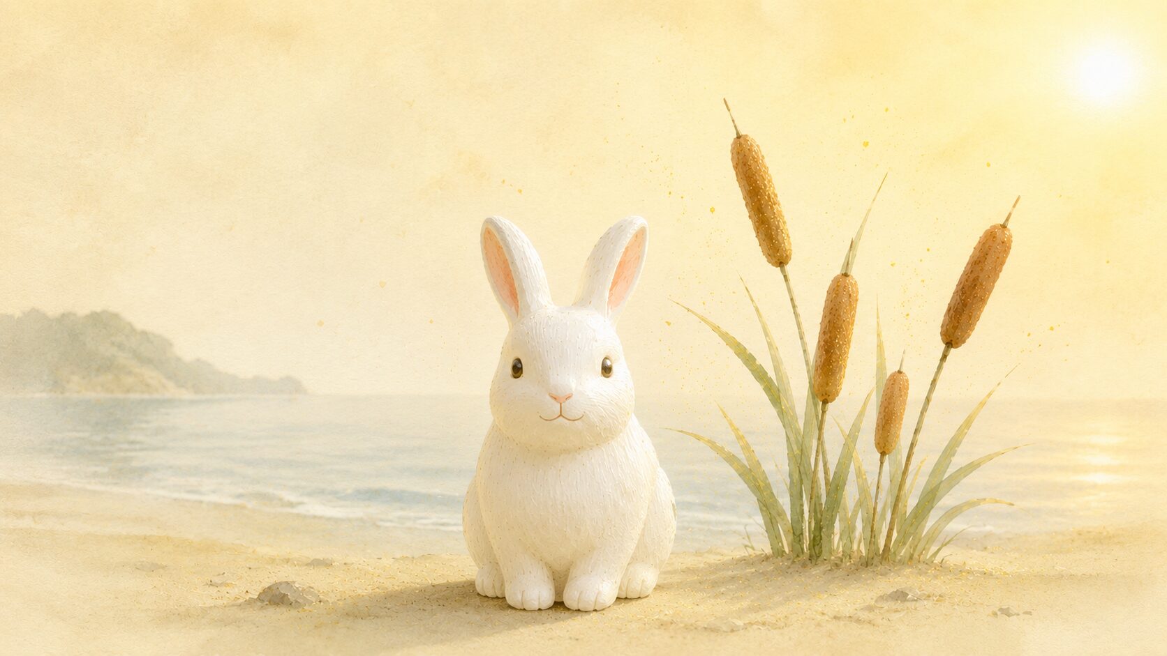 ivory washi の海辺の砂浜に painterly な郷土玩具風の白い兎が穏やかに座り、周囲に蒲(がま)の穂と黄色い花粉が静かに描かれた構図、因幡の白兎の物語の象徴