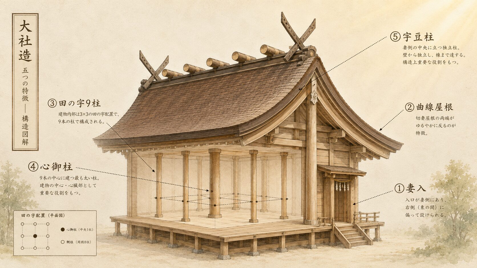 ivory washi 背景に painterly な大社造本殿の建築図解、妻入・曲線屋根・田の字9柱・心御柱・宇豆柱の5要素を指示線とラベルで明示、大社造の構造的特徴を視覚化