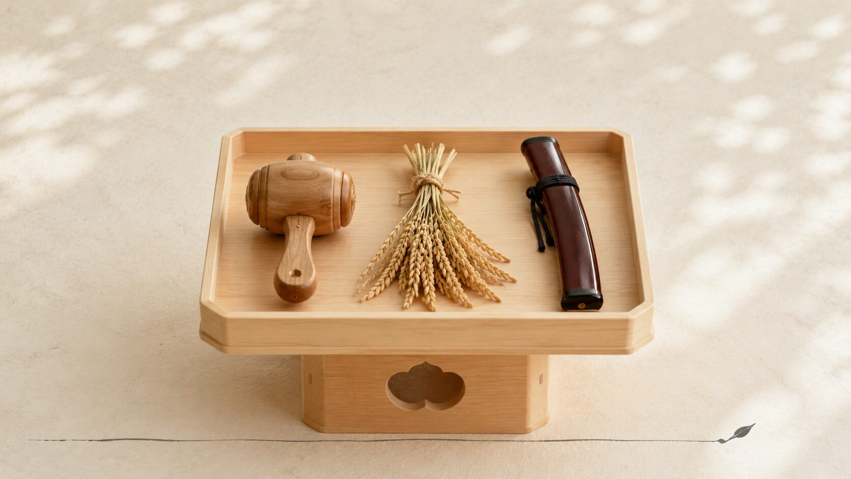 ivory washi 背景に painterly な木製の三方(さんぼう)1 つの上に、三柱の祭神を象徴する 3 つの小物が並ぶ。左に大己貴命を象徴する小さな打出の小槌(だいこくさま)、中央に少彦名命を象徴する稲穂 1 束(えびすさまと国造り)、右に平将門命を象徴する小さな短刀の鞘(まさかどさま)が並ぶ。3 つの小物が一直線に並ぶ象徴的な静物構成
