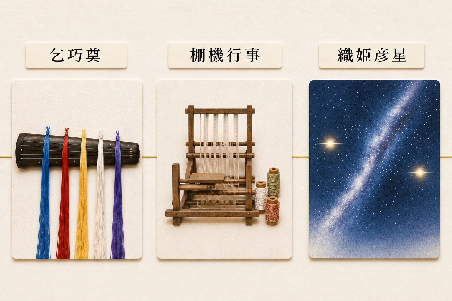 ivory washi 背景に painterly な 3 領域並列の図解、左：中国の宮廷を象徴する 5 色の絹糸が掛けられた琴の絵札（乞巧奠を象徴）+ 上に小さな日本語ラベル「乞巧奠」、中央：水辺の機屋を象徴する織機 1 台と糸巻きの絵札（棚機行事を象徴）+ 上に小さな日本語ラベル「棚機行事」、右：天の川と 2 つの明星を象徴する星空の絵札（織姫彦星を象徴）+ 上に小さな日本語ラベル「織姫彦星」、3 枚を細い金線でゆるやかに結ぶ。七夕の三源の融合を象徴