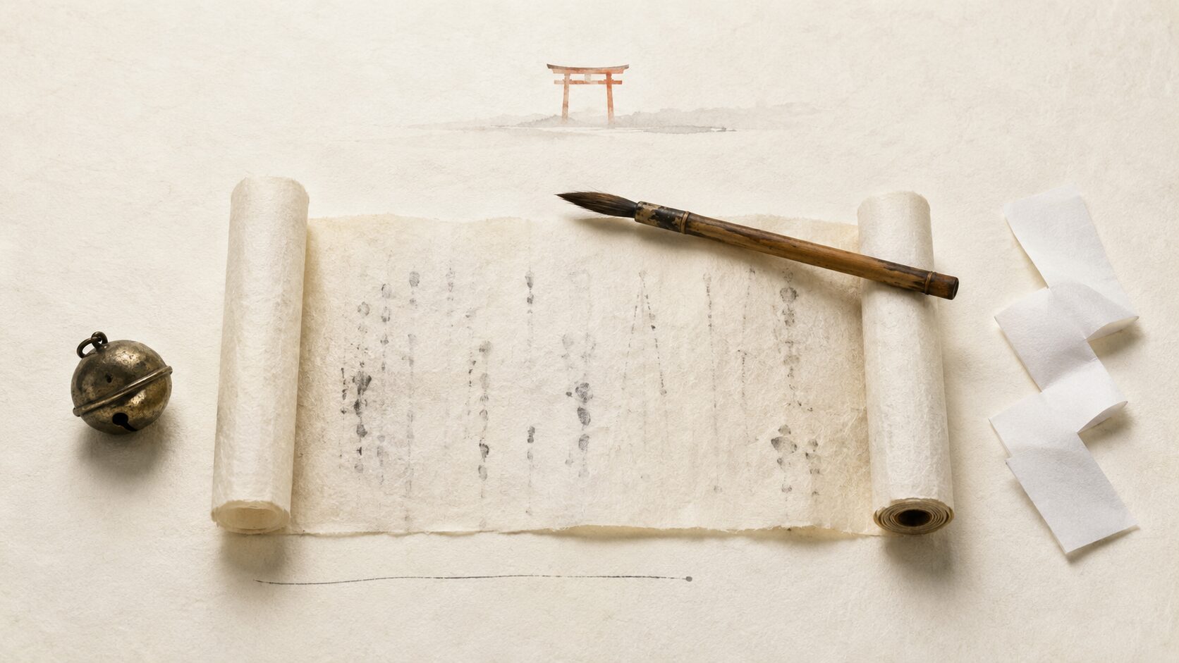 ivory washi 背景に painterly な俯瞰画像。中央に和紙の巻物と古い木製の筆、左に金色の鈴、右に御幣風の紙片、上空に朱色鳥居遠景。神社本庁公式の唱えことばの世界観を象徴