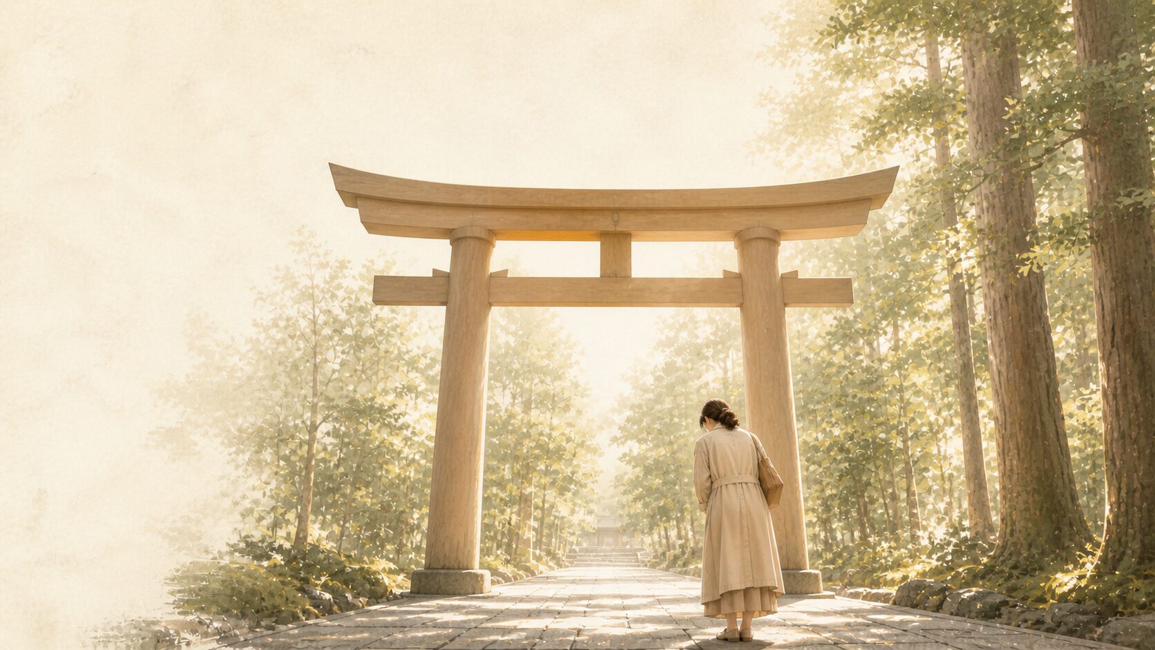 朝の参道で鳥居の前に立ち止まり、浅く頭を下げる現代普段着の女性参拝者の後ろ姿。神域に入る前の挨拶としての会釈を表現