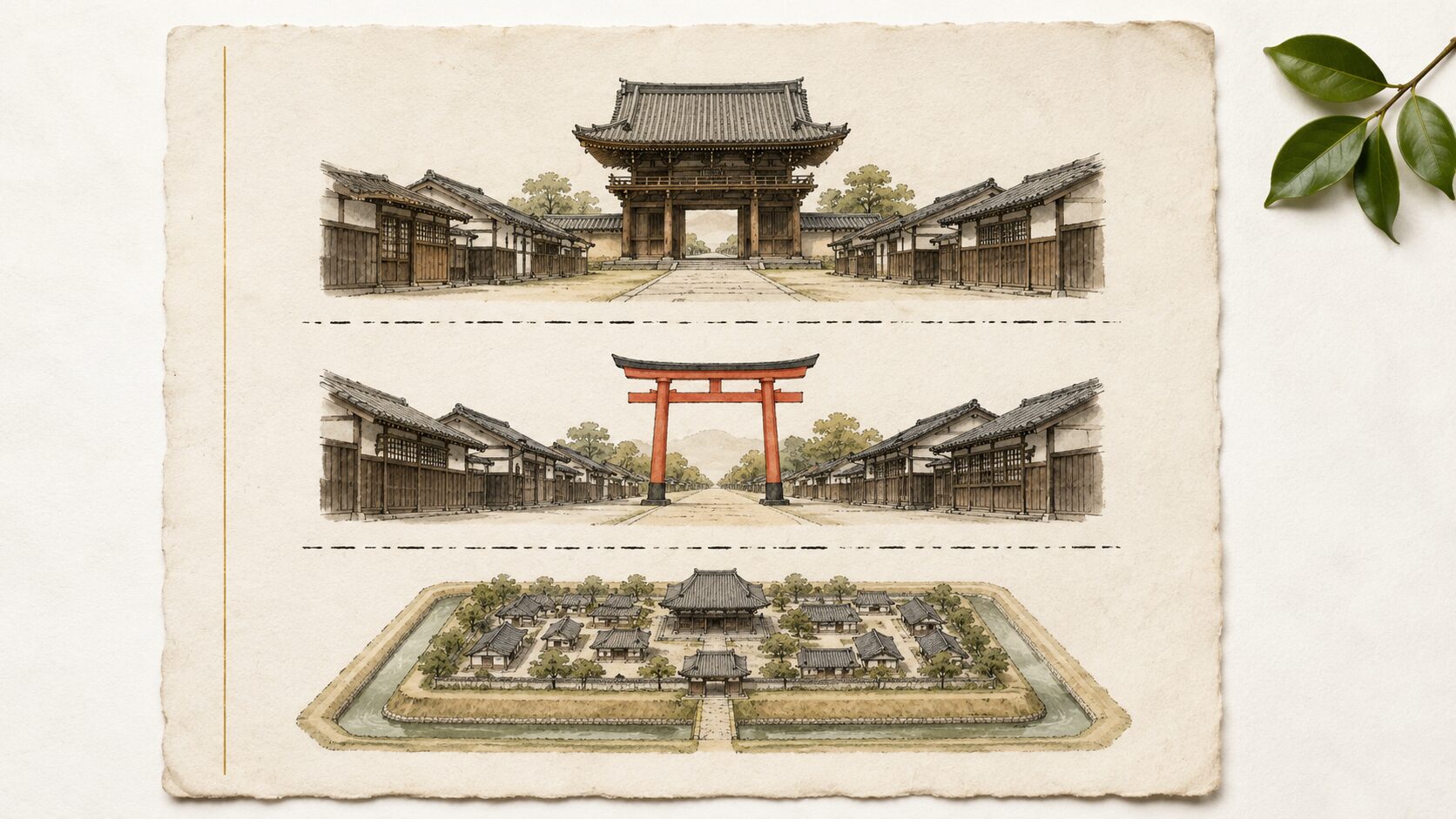 ivory washi 背景に painterly な俯瞰画像。古い和紙に 3 種類の町(上=門前町の山門と町家、中=鳥居前町の朱鳥居と町家、下=濠に囲まれた寺内町)が縦に並ぶ。3 種類の町の区別を象徴