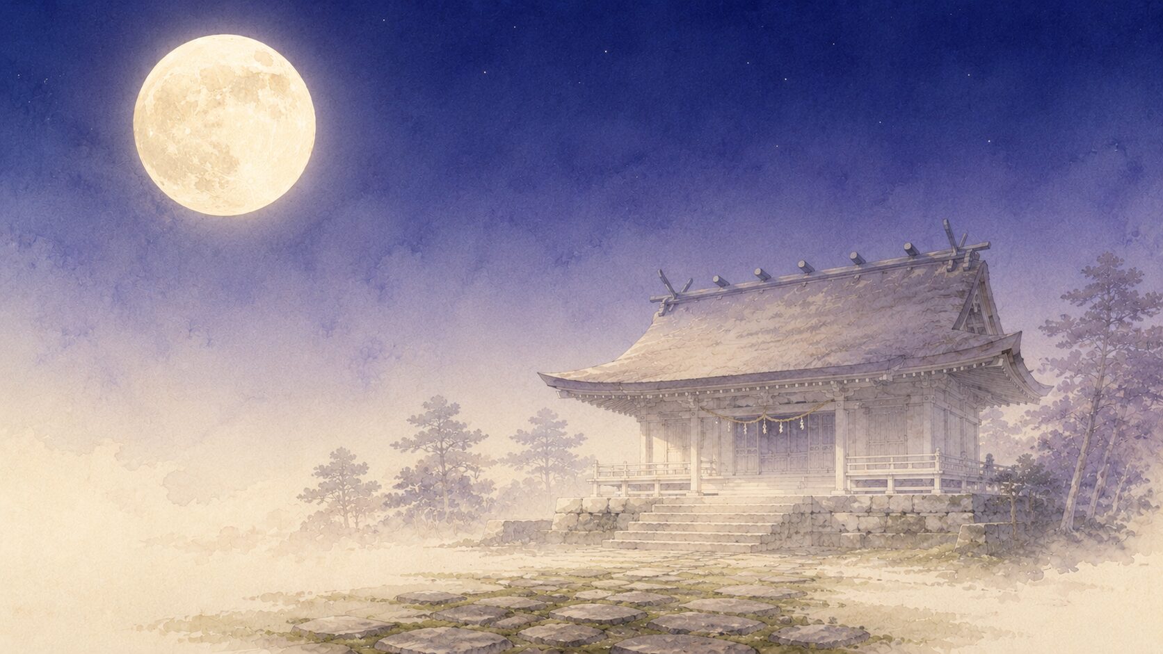 月夜の神社境内、painterly な拝殿のシルエットと夜空に大きく昇る月。月読命を象徴する静謐な月光の構図
