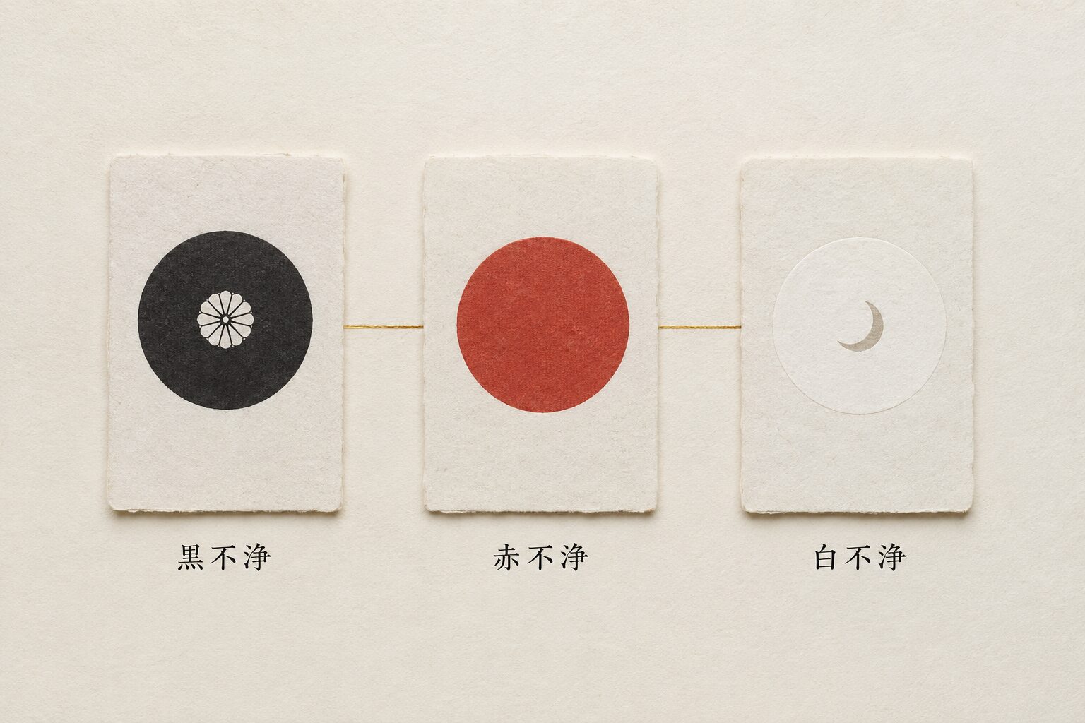 ivory washi 背景に painterly な 3 枚の和紙絵札が横並びで配置、左：黒い円形の絵札に小さな菊の家紋（黒不浄＝死を象徴）、中央：朱色の円形の絵札（赤不浄＝血を象徴）、右：白い円形の絵札に小さな新月のシルエット（白不浄＝出産を象徴）、それぞれの絵札下に小さな日本語ラベル「黒不浄」「赤不浄」「白不浄」、3 枚を細い金線でゆるやかに結ぶ。穢れの三分類を象徴