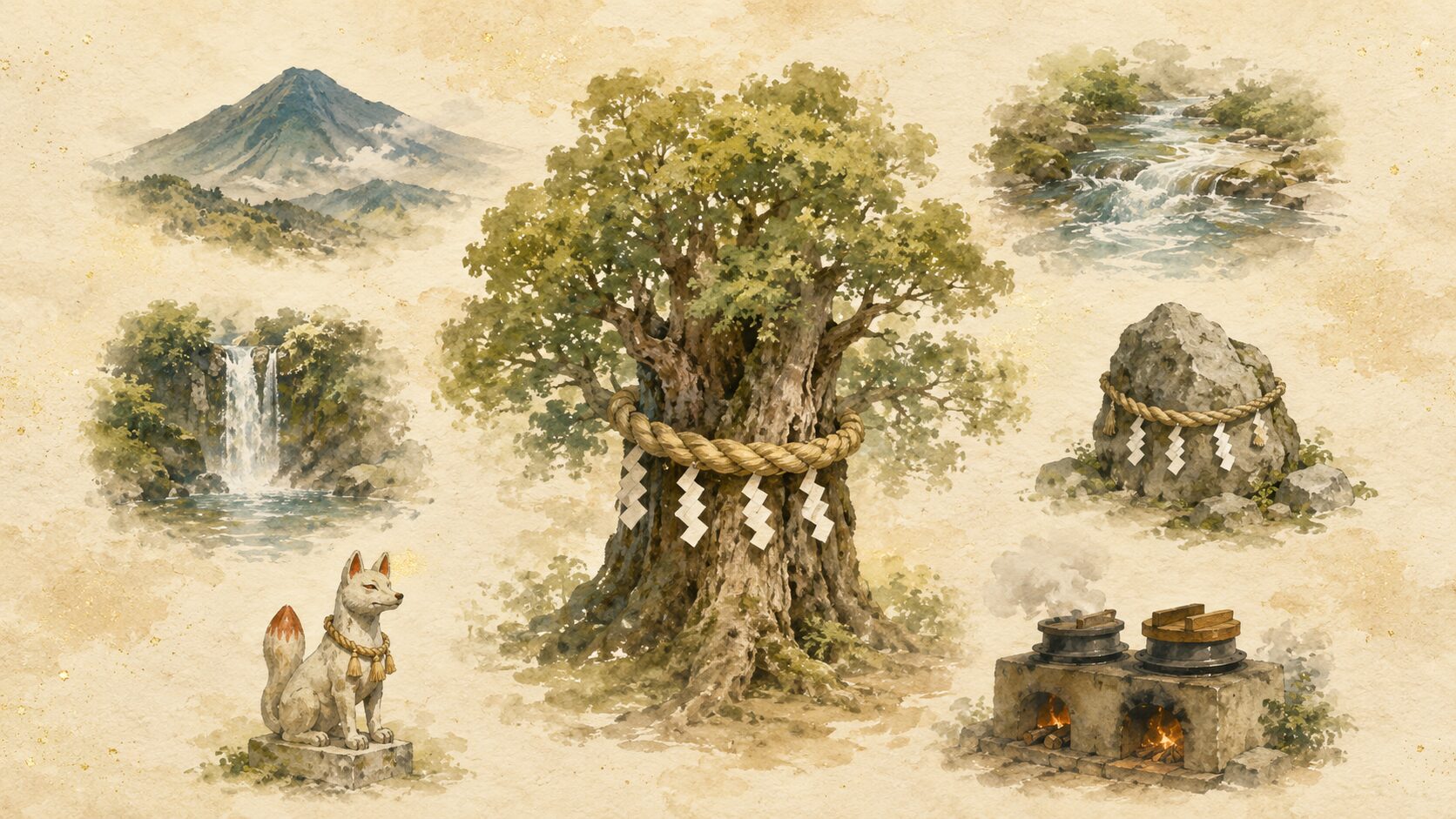 中央に注連縄を巻いた御神木、周囲に山・川・滝・岩・狐(神使)・竈・井戸など、八百万の神々が宿るとされてきた対象を散りばめた painterly 静物図解