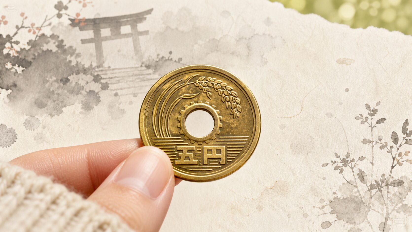 5円玉のクローズアップ、特徴的な穴と稲穂の意匠が見え、背景に「ご縁」の語呂合わせを示唆するインクの滲みテクスチャ