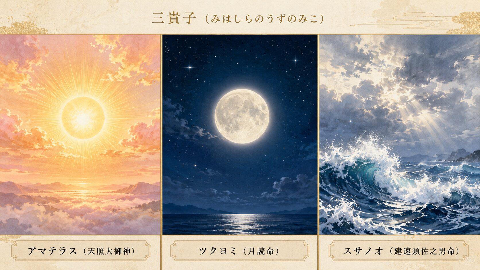 三貴子（アマテラス・ツクヨミ・スサノオ）を太陽・月・海の3パネルで象徴的に対比視覚化した painterly 図解。各パネル下部に日本語ラベル付き
