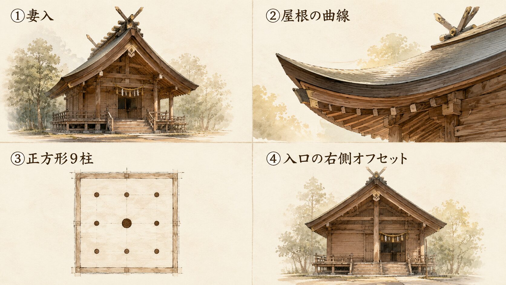ivory washi 背景に painterly な 2×2 グリッドの4チェック構図、①妻入 ②屋根の曲線 ③正方形9柱 ④入口の右側オフセット、大社造の現地見分け方を象徴