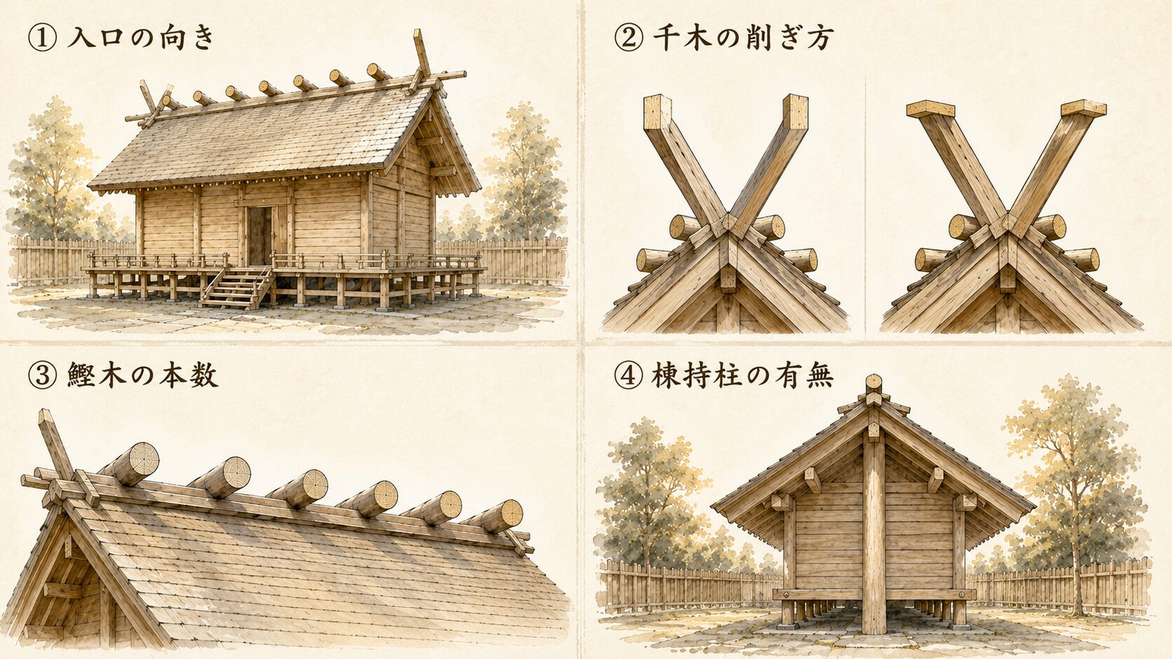 ivory washi 背景に painterly な 2×2 グリッドの4チェック構図、①入口の向き(平入) ②千木の削ぎ方(内削ぎvs外削ぎ) ③鰹木の本数 ④棟持柱の有無、神明造の現地見分け方を象徴