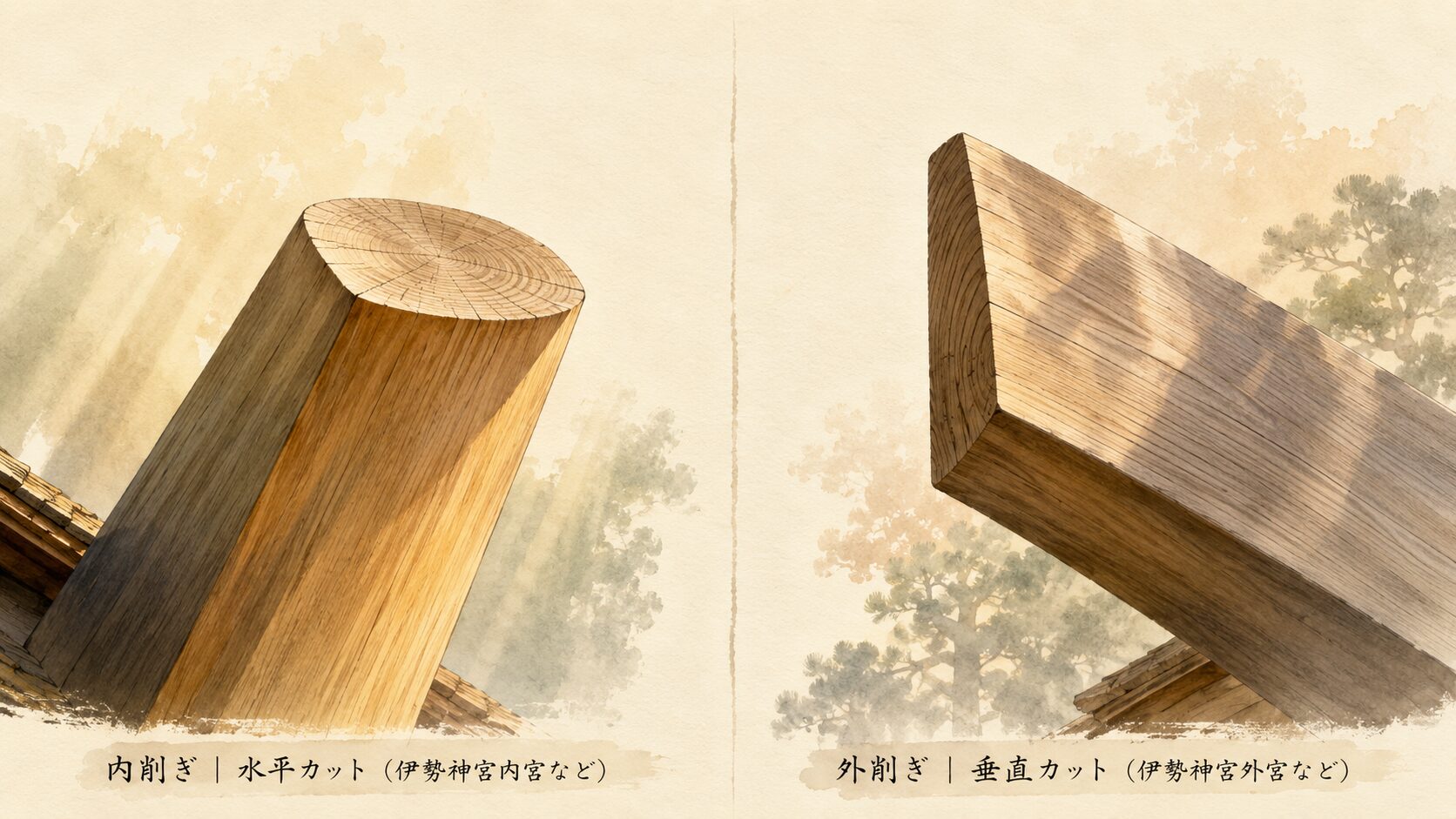 ivory washi 背景に painterly な千木の内削ぎ(左・水平カット)と外削ぎ(右・垂直カット)の拡大対比、伊勢神宮内宮と外宮の例ラベル付き、千木の先端形状の違いを視覚化