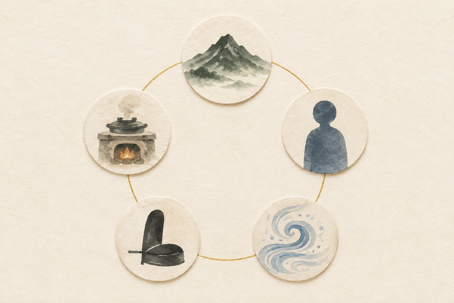 ivory washi 背景に painterly な 5 つの円形アイコンが中央に円配置（上：山のシルエット=自然神、右上：人物シルエット=人格神、右下：渦巻き模様=観念神、左下：歴史人物の冠=人物神、左上：かまど=民俗神）、それぞれが淡い金線でゆるやかにつながる。神々の 5 分類を象徴