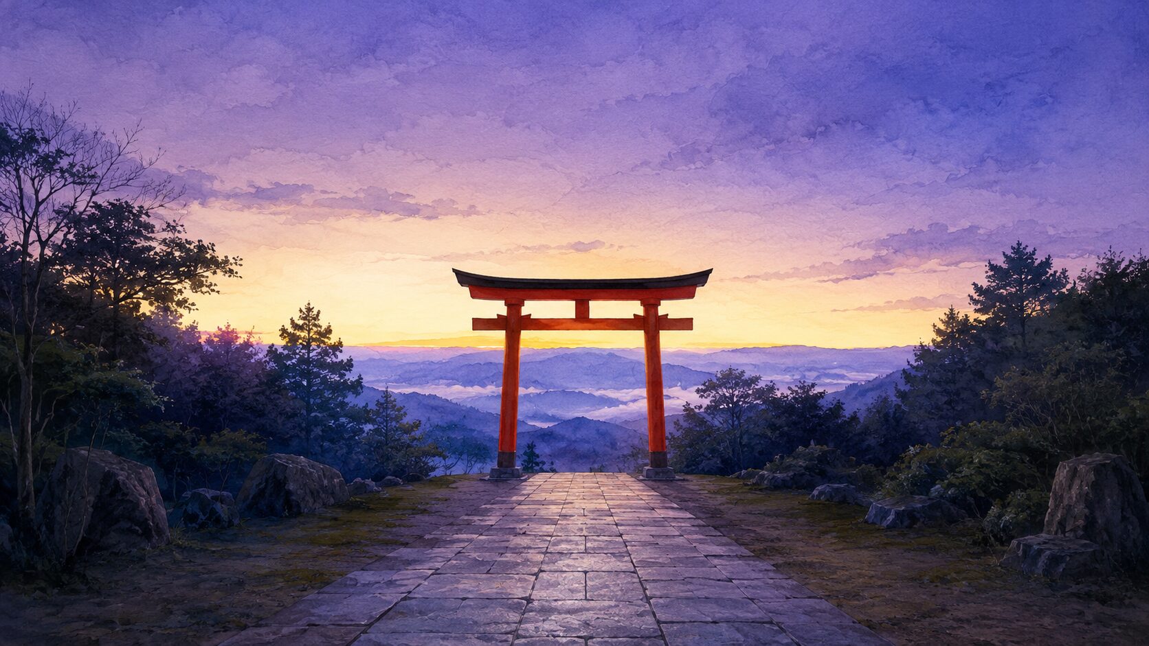 ivory washi 背景に painterly な神社の朱色鳥居の遠景。奥に夜明け前の紫青色の薄明、手前の石畳参道、鎮守の森のシルエット。暁参りの静寂と夜明け前の参拝を象徴