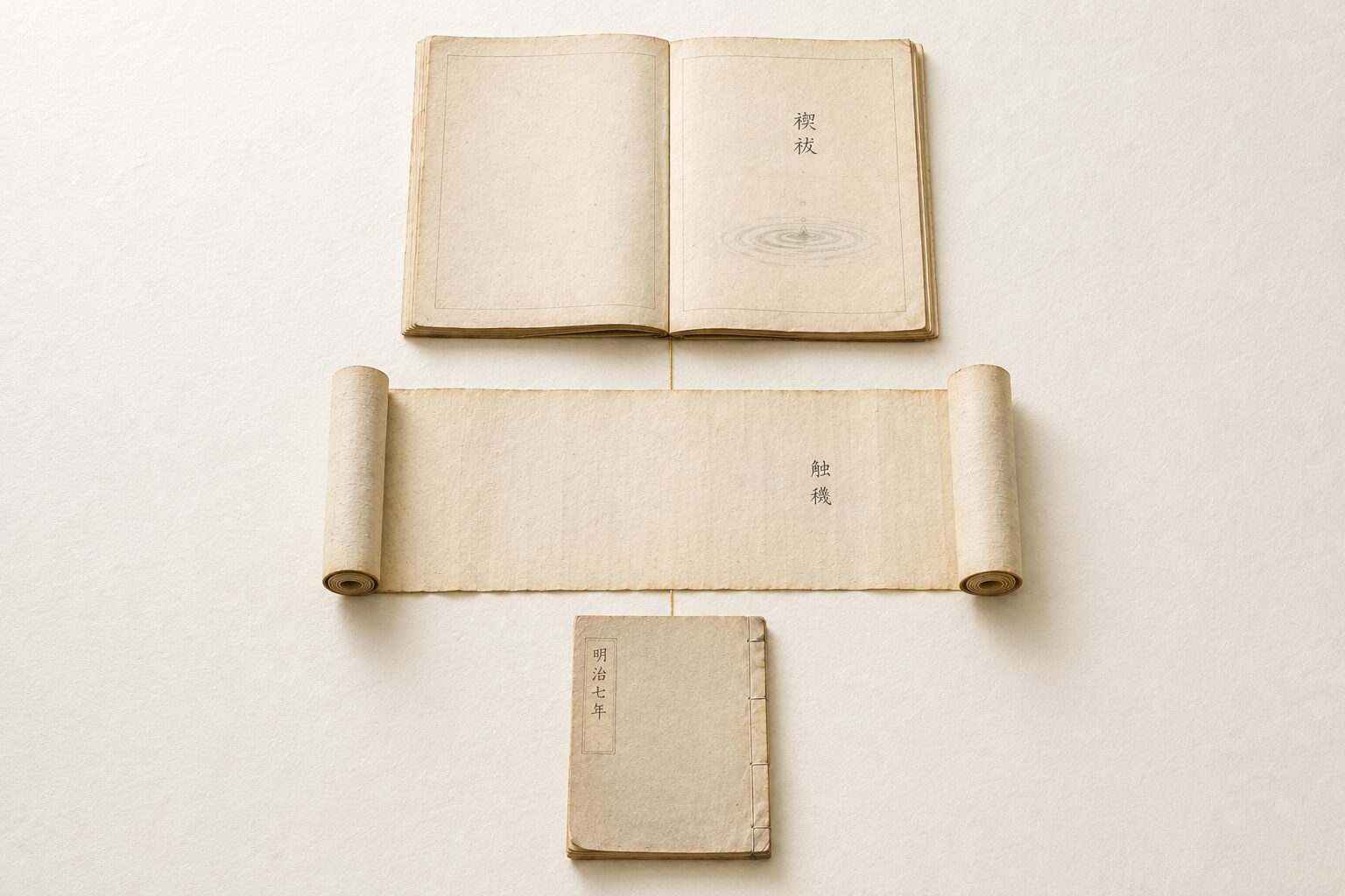 ivory washi 背景に painterly な 3 冊の古典書物が縦列俯瞰で配置、上：古事記の見開き（イザナギの禊の段、右ページに「禊祓」がうっすら見える縦書き）、中央：延喜式の巻物状の写本（「触穢」がうっすら見える）、下：服忌令の冊子（「明治七年」がうっすら見える）、3 冊を細い金線で結ぶ。穢れと祓いの文献系譜を象徴