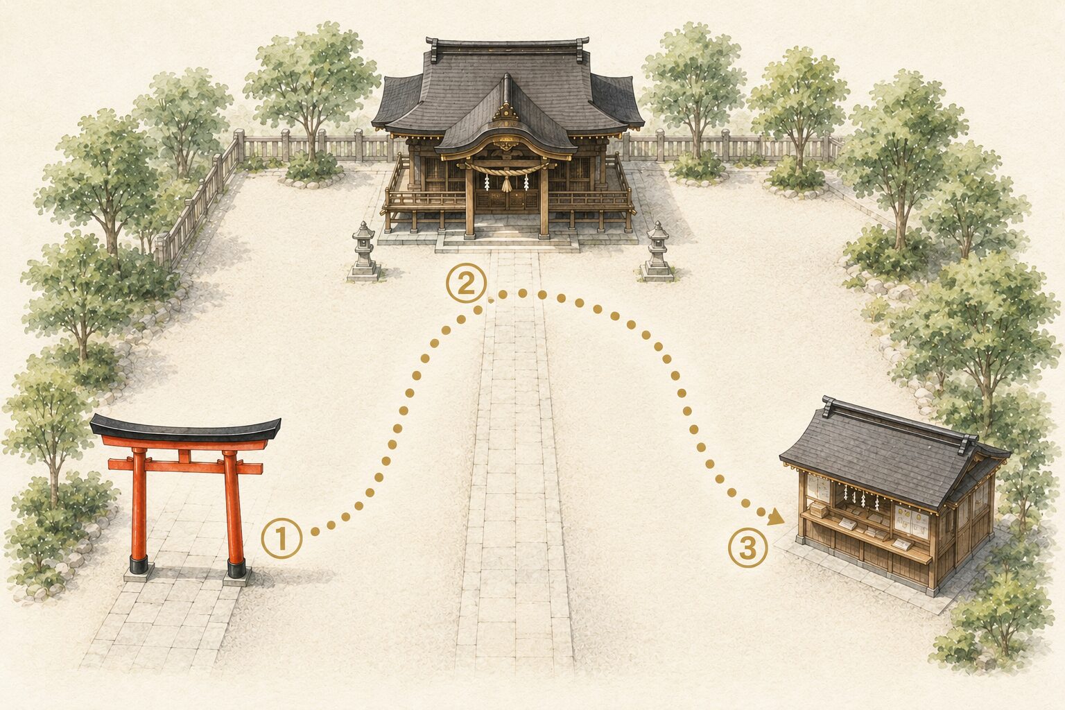 ivory washi 背景に painterly な神社境内の俯瞰動線図、左下に1基の鳥居、中央上に1棟の拝殿、右下に1棟の社務所、3地点を結ぶ柔らかな点線(番号①②③付き)。鳥居→拝殿→社務所の参拝順序と御朱印授与の流れを示す