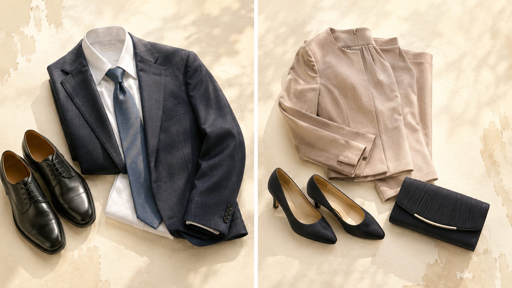 ご祈祷・昇殿参拝の服装を男女別で対比視覚化した painterly 図解。男性のスーツ＋革靴と女性のフォーマルワンピース＋パンプスを2パネルで象徴的に表現