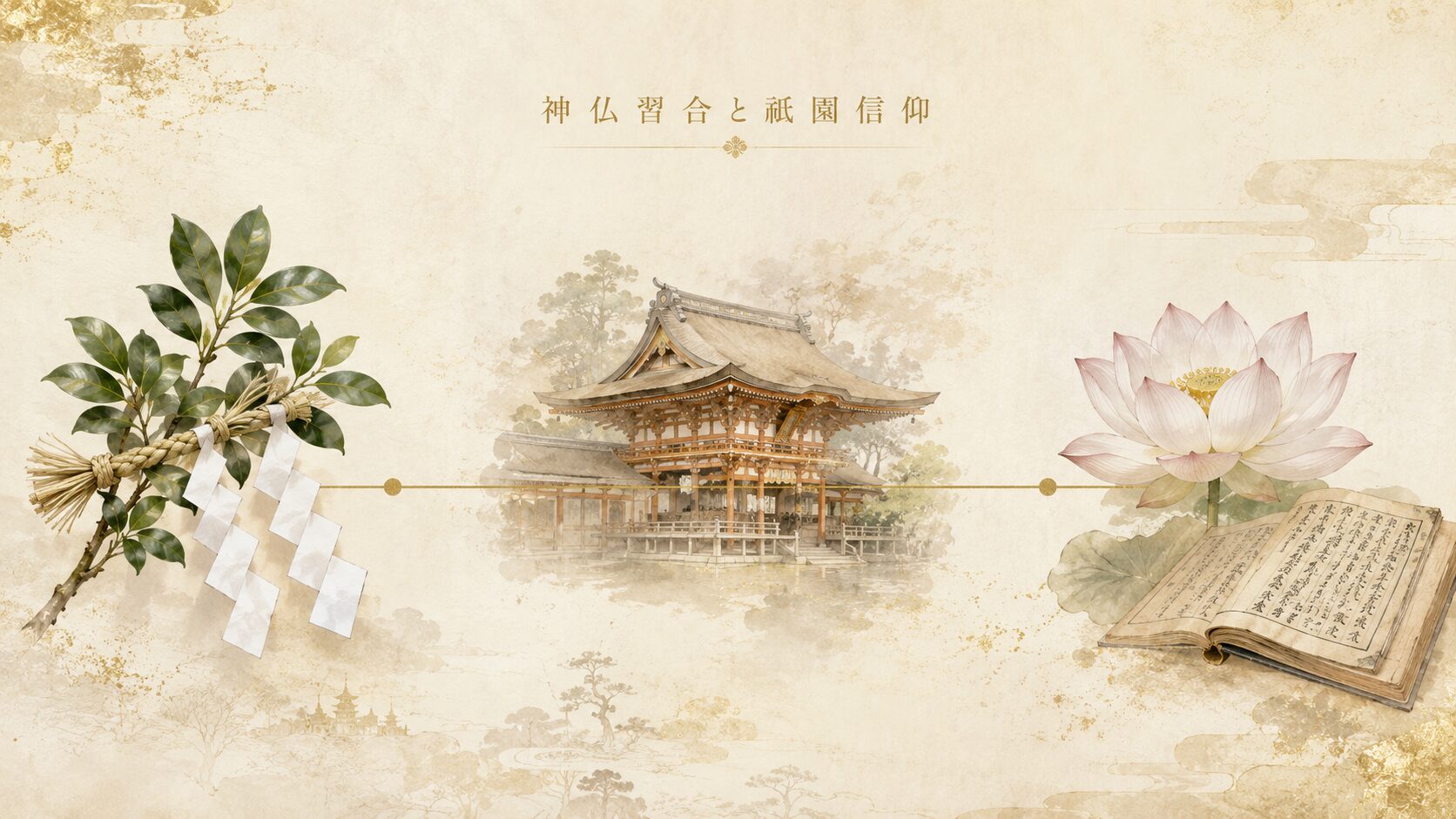 神仏習合の歴史を象徴する painterly な抽象構図。中央に祇園社の絵巻風シルエット、左に榊と注連縄（神道）、右に蓮と経典（仏教）を配し、八坂神社の歴史的背景を視覚化