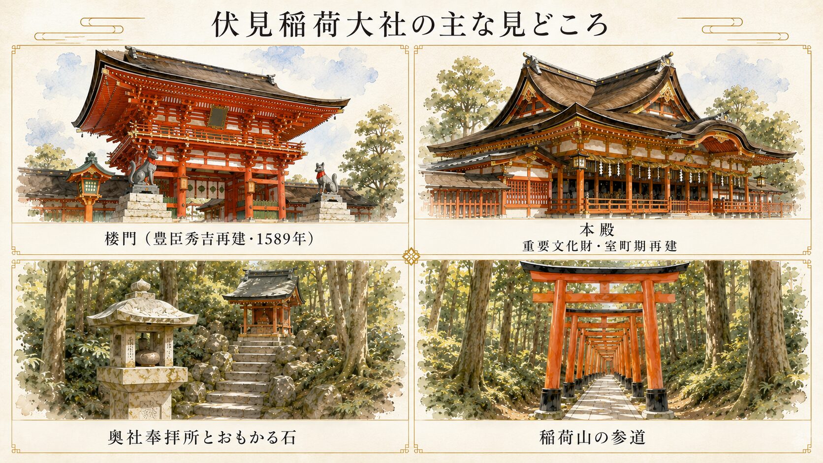 伏見稲荷大社の主な見どころを4分割パネルで紹介した図解。楼門・本殿・奥社奉拝所・稲荷山参道の4要素を視覚化