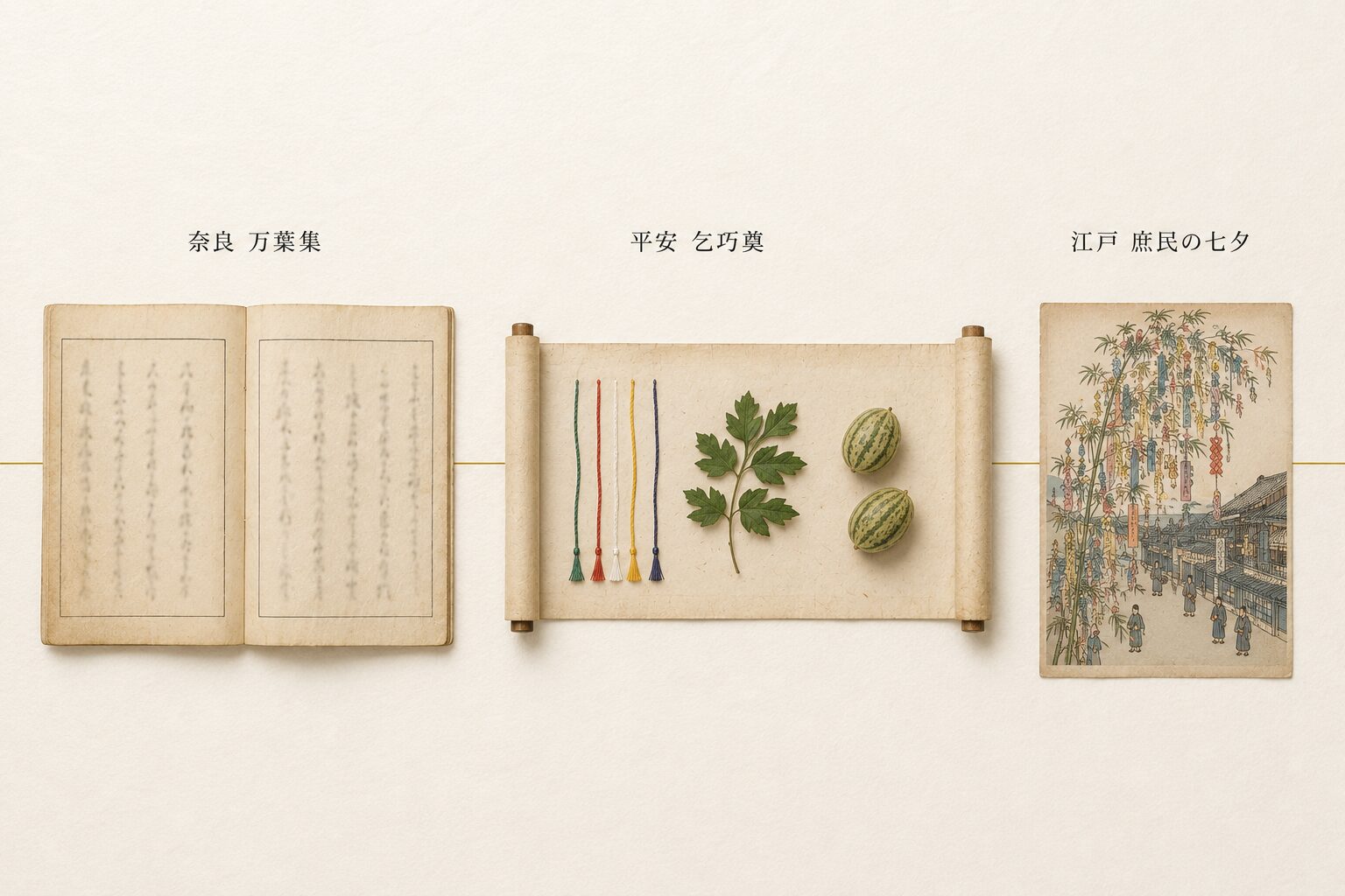 ivory washi 背景に painterly な 3 点の古典資料が横並びで俯瞰配置、左：奈良時代を象徴する『万葉集』風の見開き和歌集 1 冊（七夕の和歌がうっすら見える）+ 小さな日本語ラベル「奈良 万葉集」、中央：平安時代を象徴する乞巧奠の供物（五色の糸・梶の葉・瓜）を描いた絵巻物 1 巻 + 小さな日本語ラベル「平安 乞巧奠」、右：江戸時代を象徴する町人の七夕飾り（笹と短冊）を描いた浮世絵風の絵札 1 枚 + 小さな日本語ラベル「江戸 庶民の七夕」、3 点を細い金線でゆるやかに結ぶ。七夕の歴史的変遷を象徴
