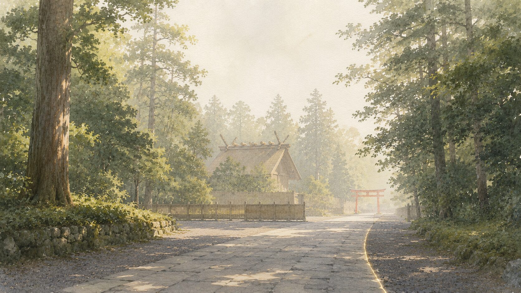 ivory washi 背景に painterly な神社境内の遠景。手前の石畳参道、奥に朱色鳥居と神明造の屋根、両側の鎮守の森。神宮号を称する神社の世界観を象徴