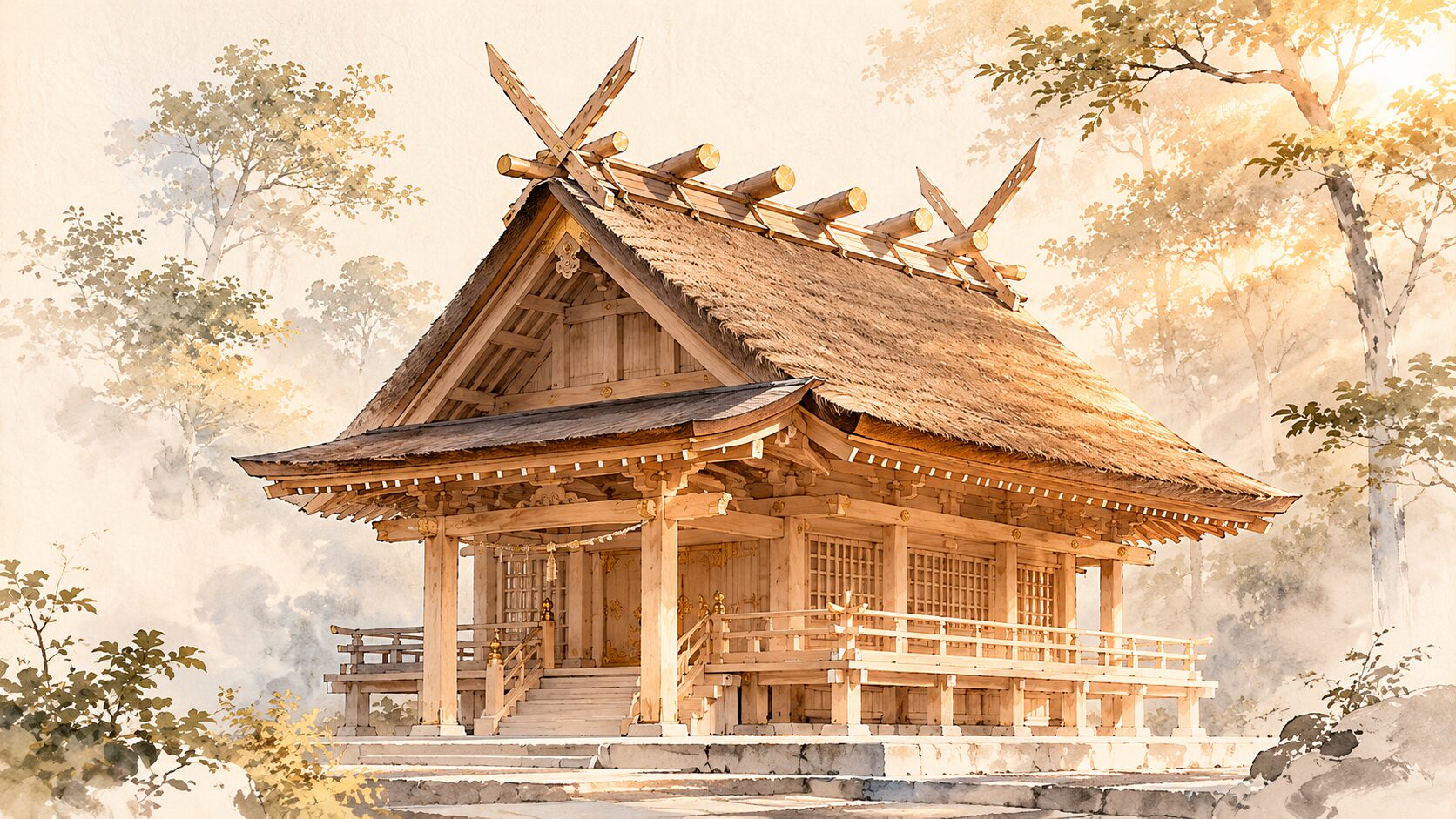 ivory washi 背景に painterly な春日造本殿の建築図解、切妻造・妻入の身舎の正面に庇が付き、屋根に千木と鰹木が置かれ、白木の柱が描かれた構図、春日造の建築様式を象徴