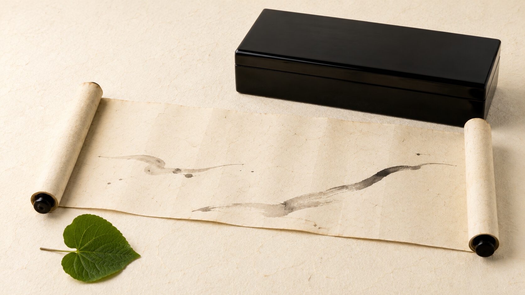 ivory washi 背景に painterly な古い絵巻物 1 巻が画面中央に広げられ、右奥に黒い漆塗りの古い書箱、左手前にフタバアオイの葉が 1 枚控えめに置かれている。絵巻物の中央には筆書きの文字風の線が薄く流れる(具体的な漢字は読めないように)。賀茂祭の古い由緒を記した平安期の典籍を象徴する画像