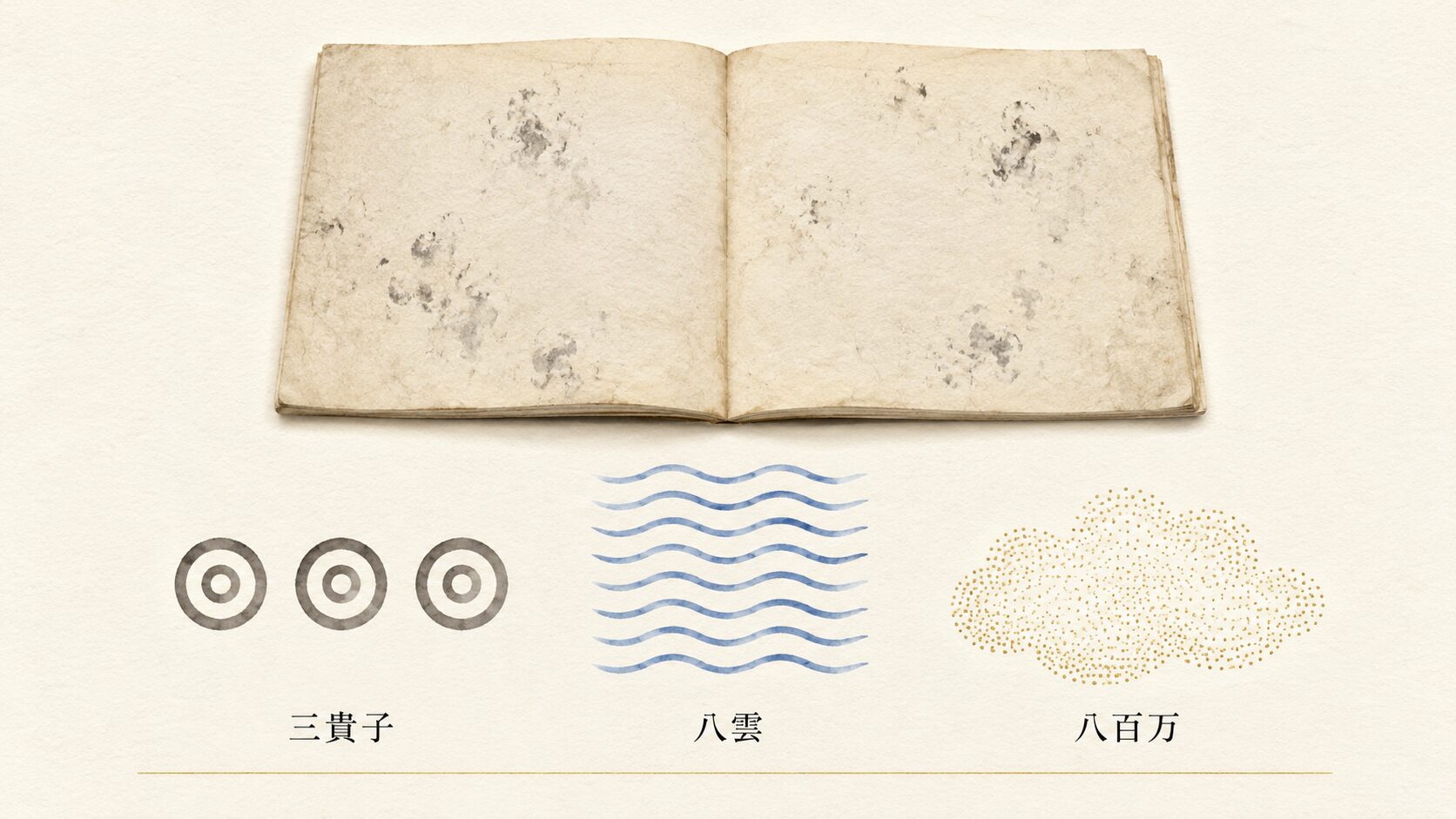 ivory washi 背景に painterly な俯瞰画像。上に古事記風和綴じ古書、下に三貴子(同心円 3 つ)・八雲(青い波 8 本)・八百万(金色の点群)の象徴シンボル。古事記・日本書紀に見る数の用例を象徴