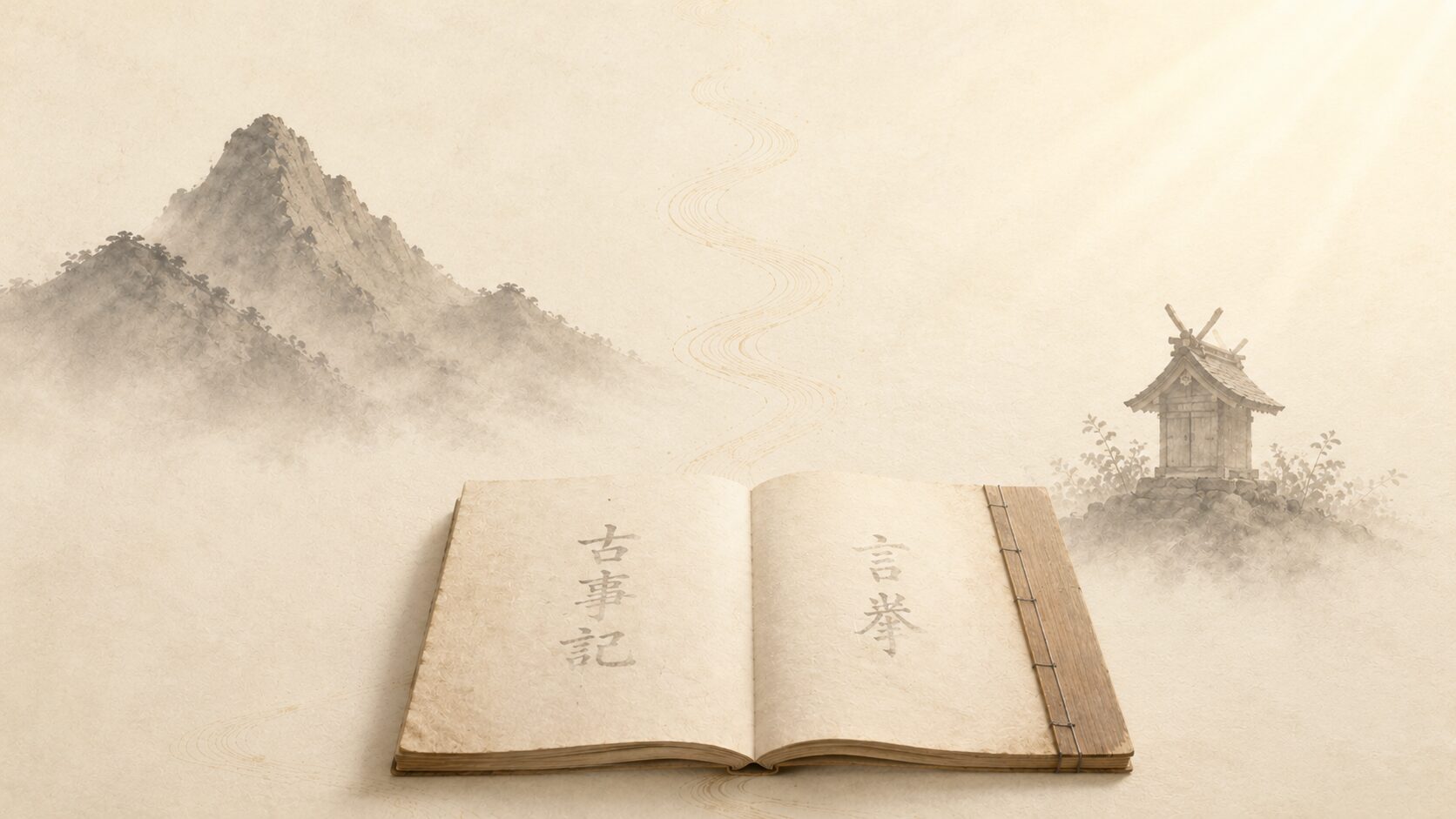 ivory washi 背景に painterly な古事記の和綴じ古書(半開き)、奥に山と小さな祠のシルエット、言葉と神威が結びつく神話の感覚を象徴する構図