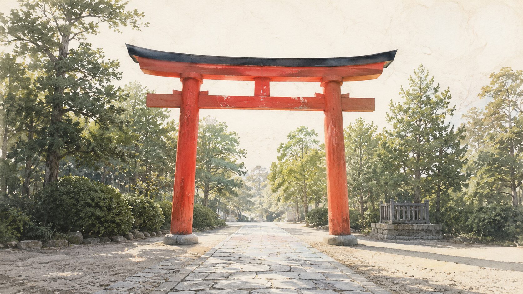 ivory washi 背景に painterly な神社入口の遠景。中央に朱色の鳥居、手前と奥に石畳の参道、両側の鎮守の森、右奥に玉垣。神域と俗界を分ける鳥居の世界観を象徴