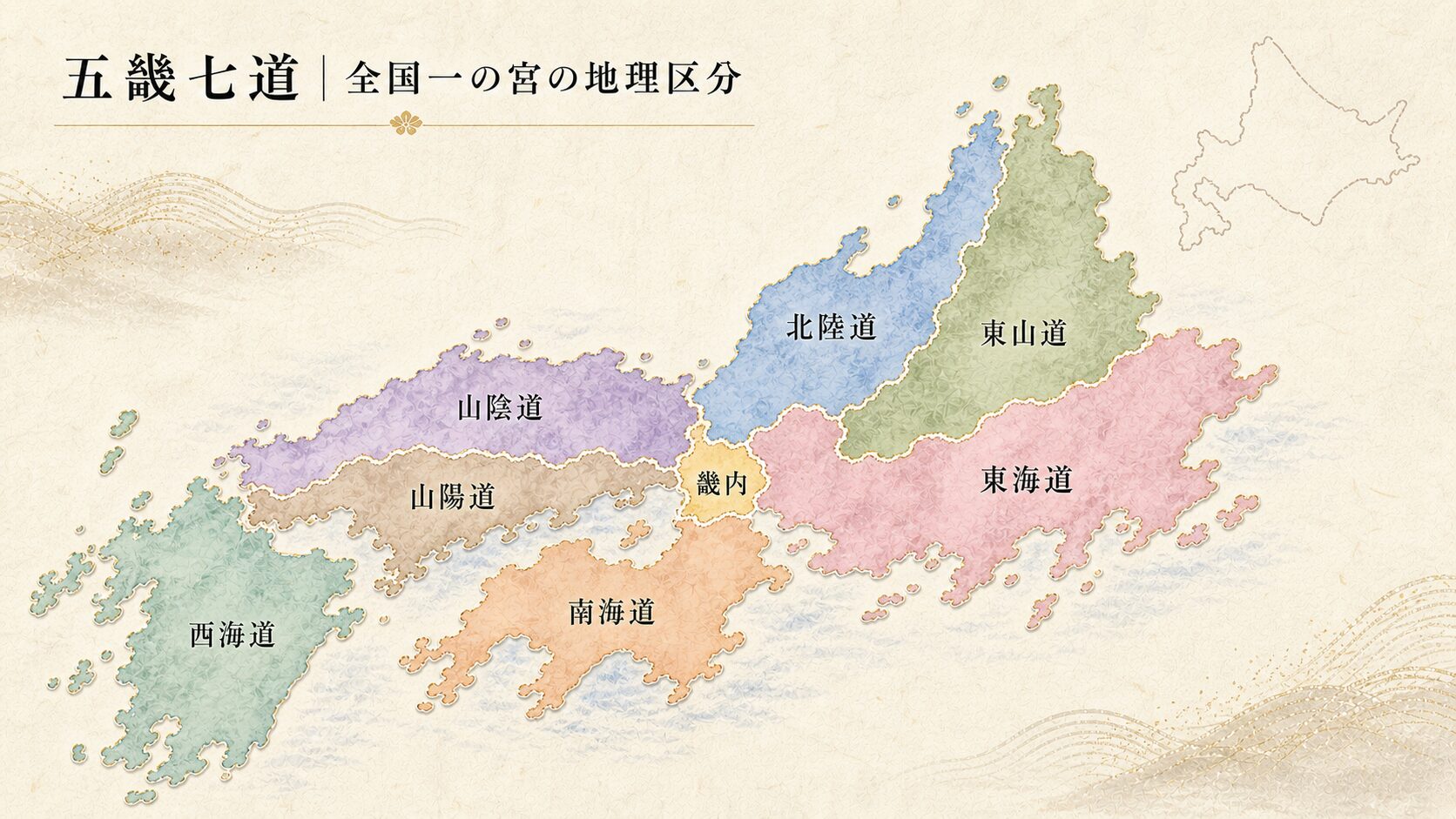 日本地図に五畿七道の8区分（畿内・東海道・東山道・北陸道・山陰道・山陽道・南海道・西海道）を色分けで示した概念図。各区分にラベル付き