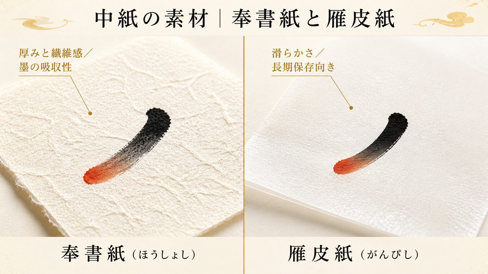 御朱印帳の中紙素材『奉書紙』と『雁皮紙』を2パネルで対比した図解。奉書紙の厚みと繊維感、雁皮紙の滑らかさと薄手の特性を視覚化