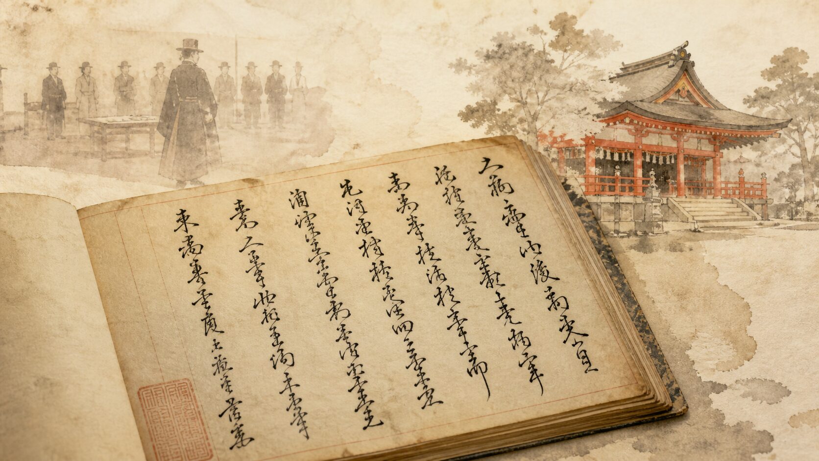 明治8年の太政官布達『神社祭式』の古文書風イメージ、和紙にインクで書かれた書状と神社の象徴