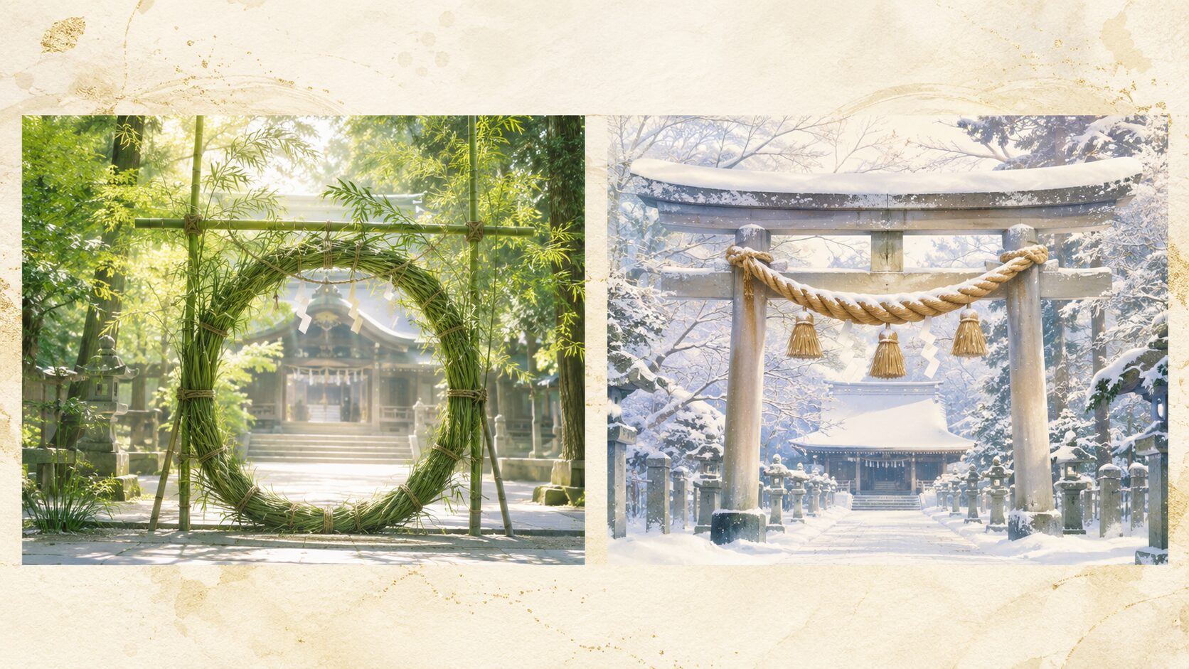 夏越の祓と年越の祓を2パネルで対比視覚化した painterly 図解。左=夏越(茅の輪と若緑)、右=年越(雪と注連縄)で年2回の節目を表現