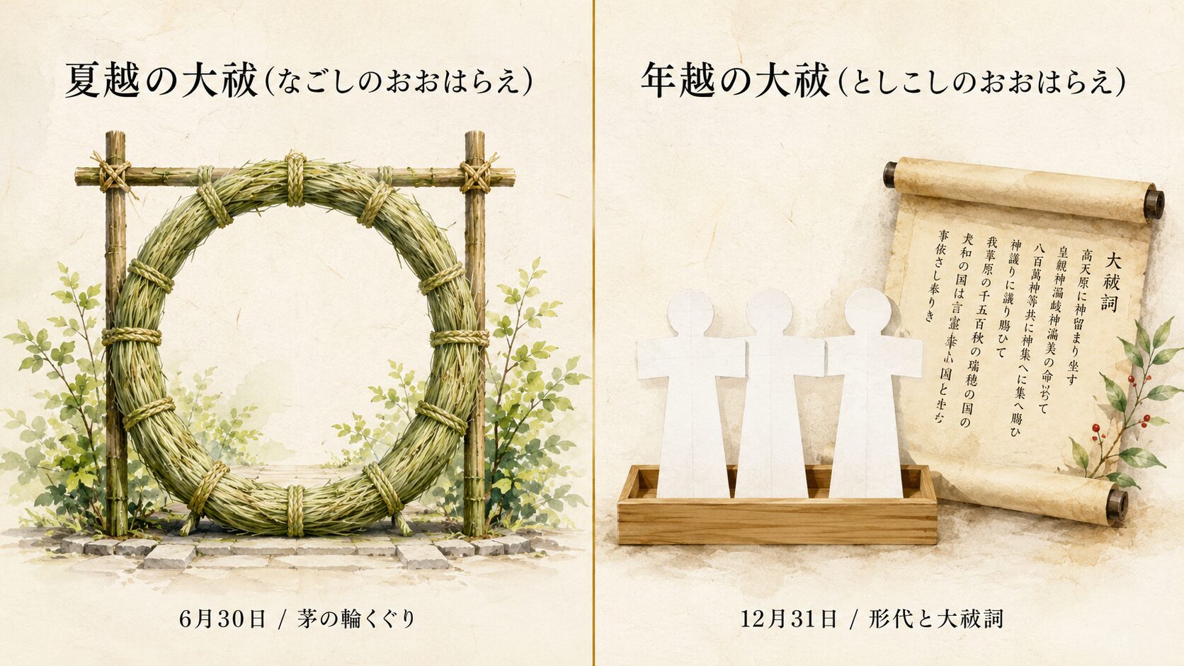 夏越の大祓(茅の輪と6月)と年越の大祓(形代と12月)を2列の painterly アイコンで対比したインフォグラフィック