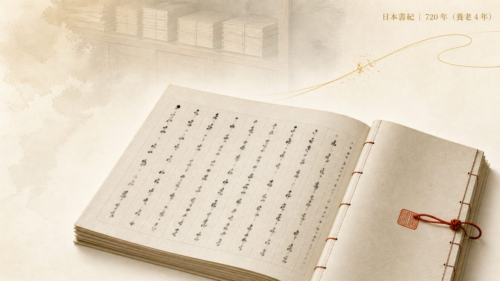 日本書紀をイメージした端正な漢文体の書物のクローズアップ。整った漢文書写、編年体の構成、全30巻を示唆する書架を背景にした正史としての雰囲気
