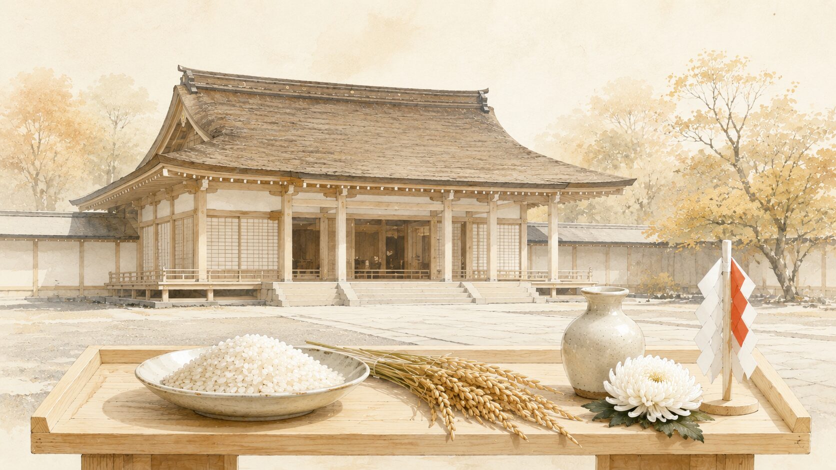 宮中神嘉殿風の伝統建築の前に新穀を盛った神饌が静かに並ぶ構図。11月23日の新嘗祭の天皇親祭を象徴的に表現