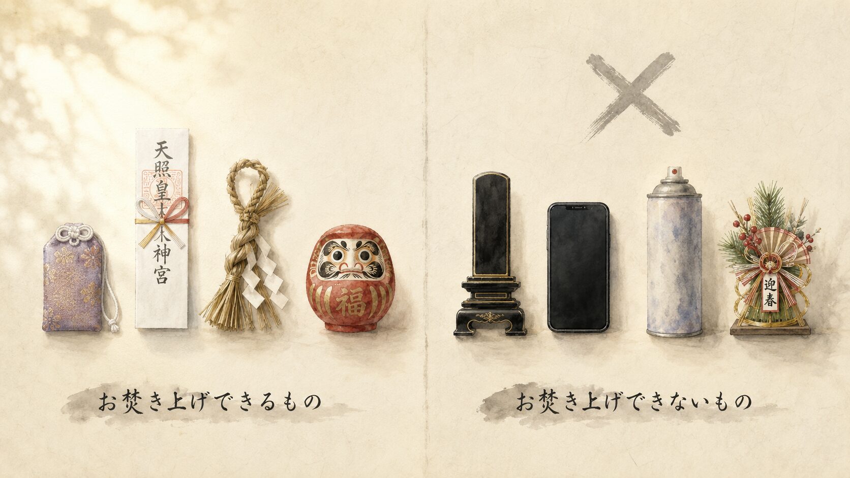 ivory washi 背景に painterly な対比構図、左にOK4点(お守り・古札・しめ縄・だるま)、右にNG4点(位牌・電子機器・スプレー缶・プラスチック装飾)、お焚き上げの対象範囲を象徴