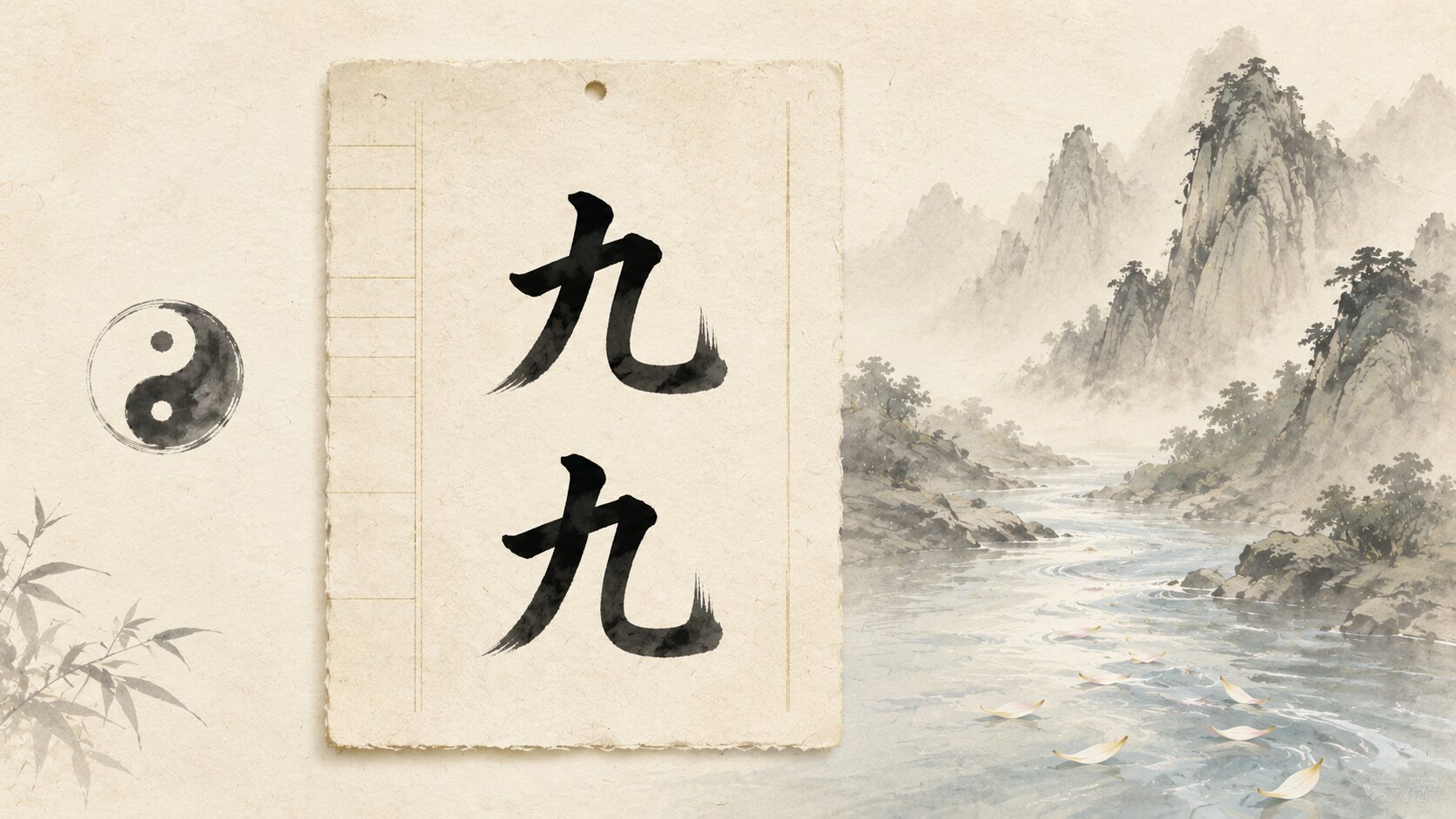 陰陽思想の象徴的な painterly 図と「九」の漢字が重なる painterly な暦のページ、中国の山並みと菊の painterly 静物による由来構図