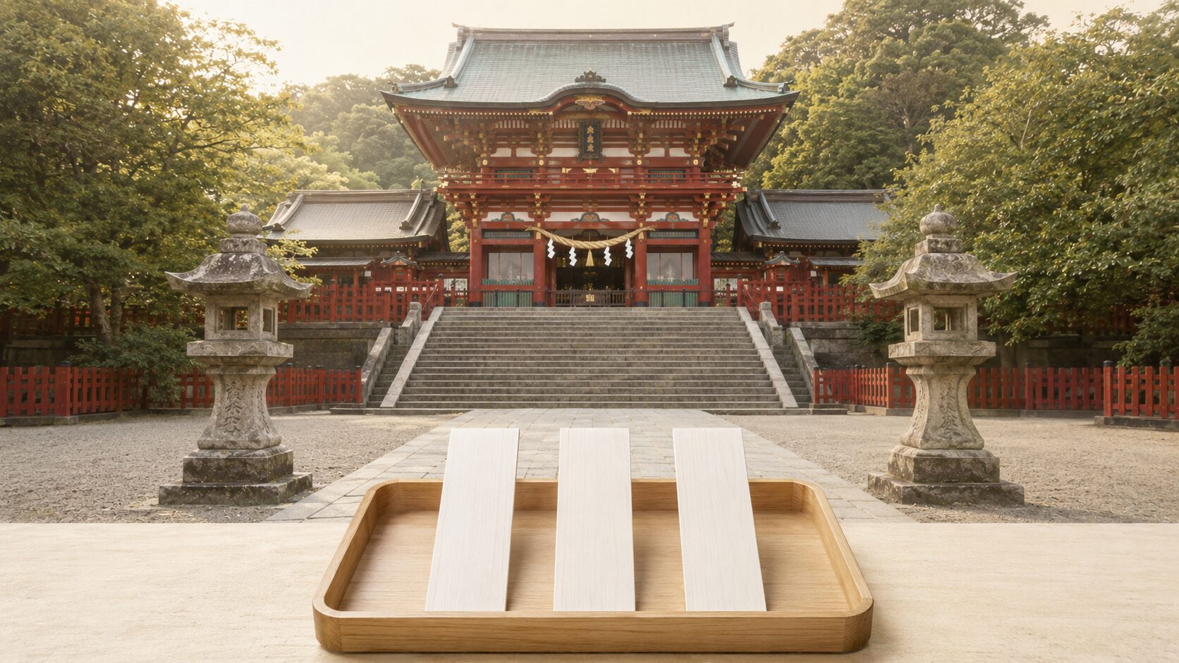 八幡三神を祀る神域を象徴する painterly 風景。中央に朱塗りの本宮、注連縄、石灯籠、手前に白いお神札を配し、応神天皇・比売神・神功皇后の三柱を象徴的に表現