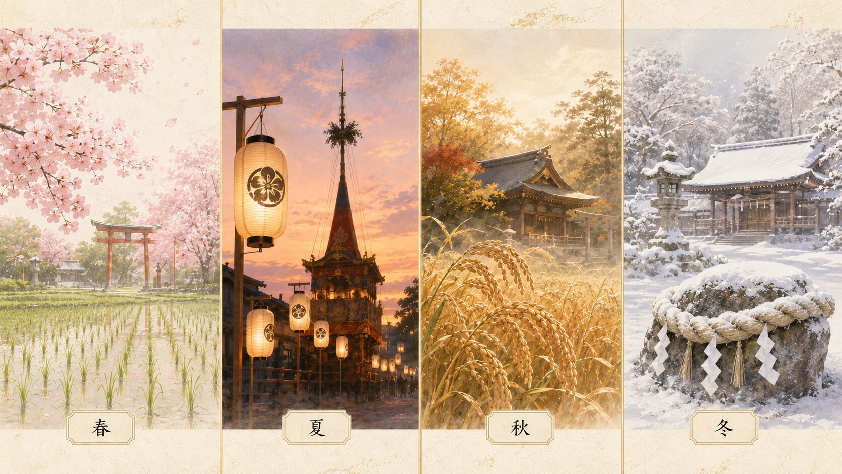 春夏秋冬の祭祀を4パネルで象徴的に対比視覚化した painterly 図解。各パネルに季節の自然要素（桜・提灯・稲穂・雪と注連縄）と日本語ラベル