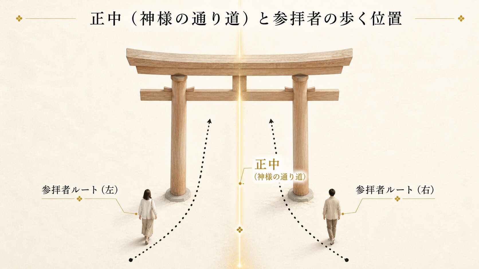 鳥居と参道を斜め前から見た俯瞰図。中央の正中（神様の通り道）を金色の光の帯で示し、両脇に参拝者の通行ルートを点線で表現した図解