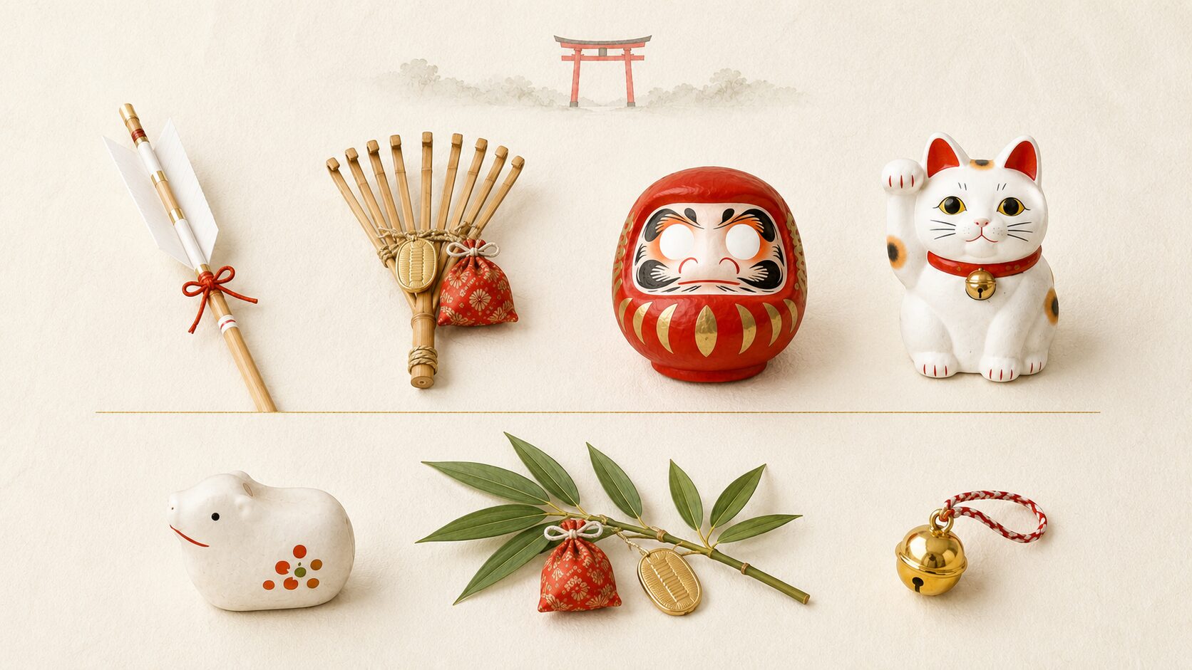 ivory washi 背景に painterly な俯瞰画像。縁起物 7 種(破魔矢・熊手・だるま・招き猫・干支置物・福笹・神鈴)が格子状に整然と配置、上空に朱色鳥居遠景。縁起物 7 種の早見表を象徴