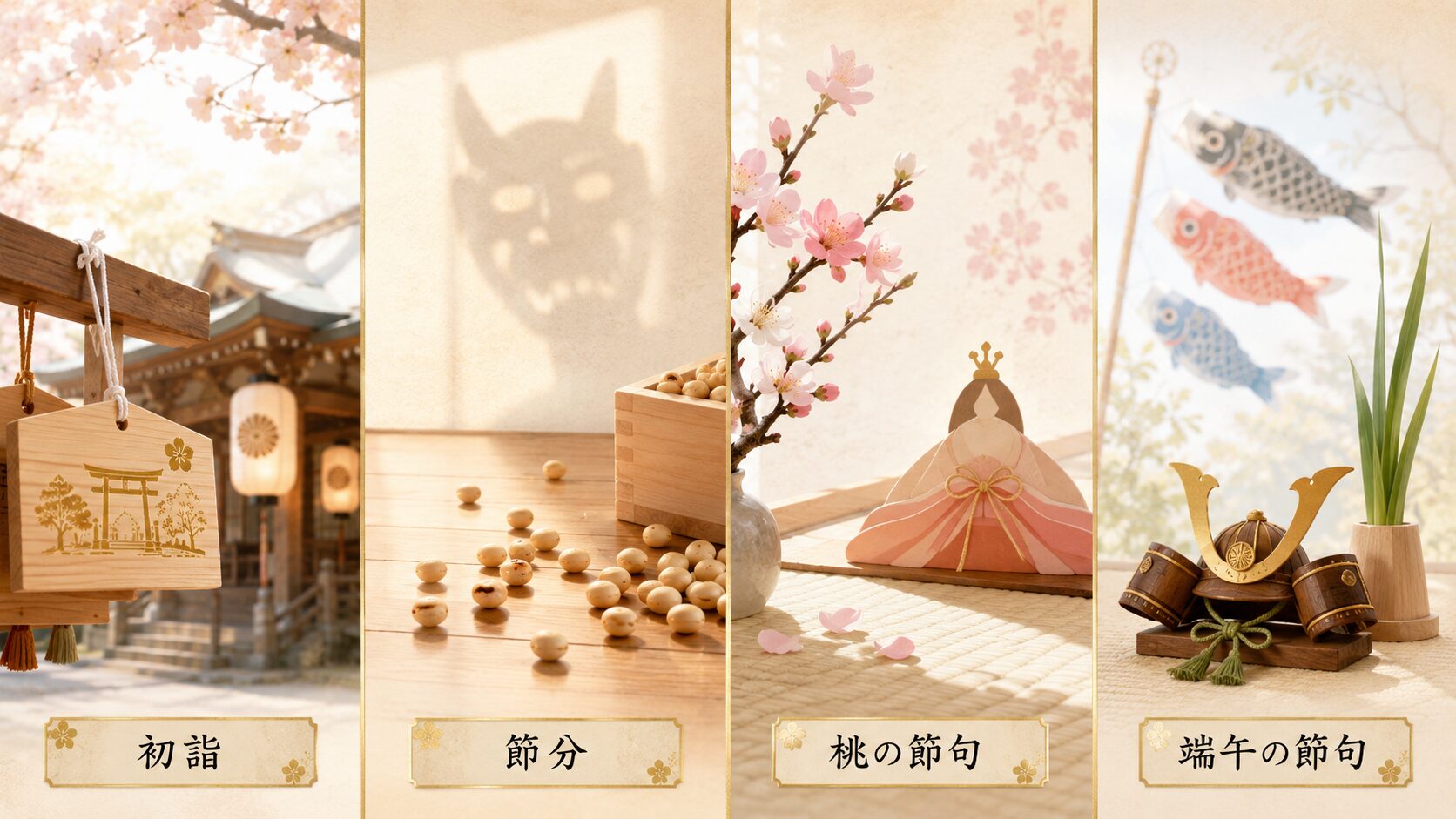 春の年中行事（初詣・節分・桃の節句・端午の節句）を象徴的に視覚化した painterly 図解。各行事の代表的な要素を配し、春の祭祀の流れを表現