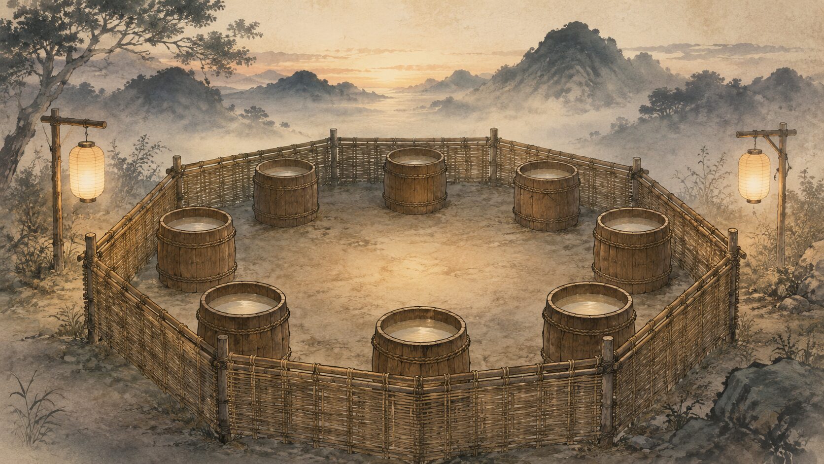 ivory washi 背景に painterly な八角形の囲いと8つの素朴な木桶が静かに並び、提灯の薄明かりが優しく灯る夜の構図、スサノオの退治作戦と八度醸造の酒を象徴