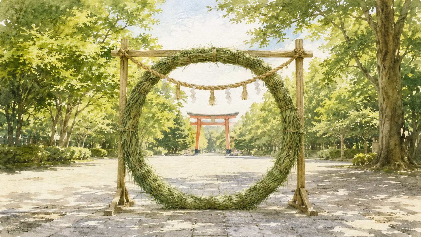 ivory washi 背景に painterly な神社境内の遠景。中央に青々とした茅の輪、注連縄付き、奥に朱色鳥居遠景と深い緑の鎮守の森。夏越大祓と茅の輪くぐりを象徴