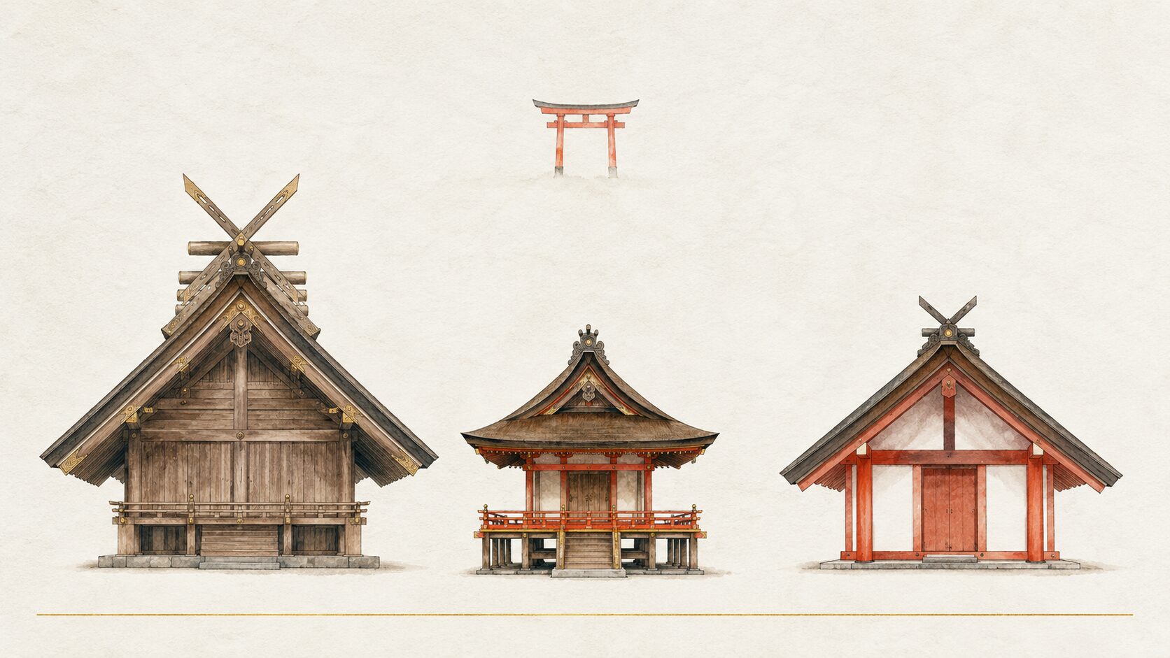 ivory washi 背景に painterly な横並び 3 領域の図解。左に大社造(高い屋根)、中央に春日造(小型+向拝)、右に住吉造(朱色柱の素朴な屋根)、上空に朱色鳥居遠景。妻入系の 3 様式の対比を象徴