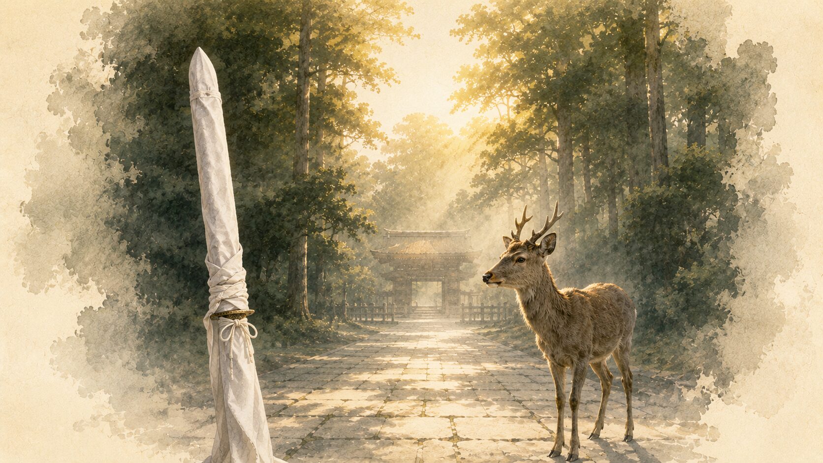 ivory washi 背景に painterly な布で包まれた直刀の象徴と、傍に painterly なニホンジカ1頭、背景に鹿島神宮の杜と楼門のシルエット、武甕槌大神の韴霊剣と神鹿伝承を象徴する構図