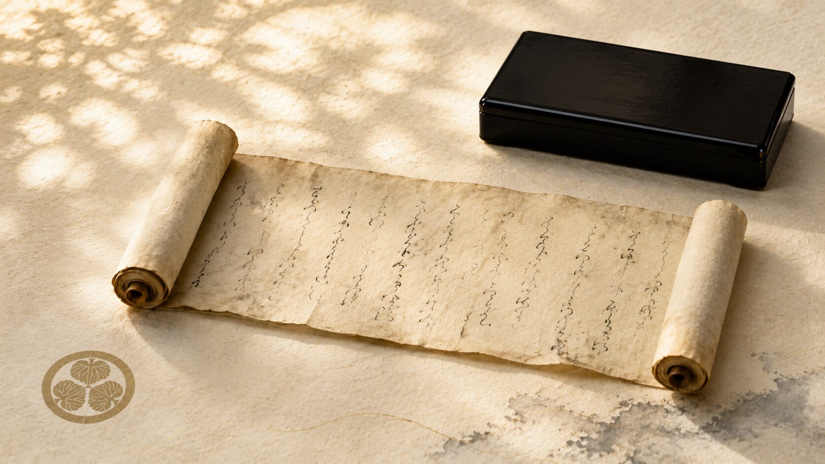 ivory washi 背景に painterly な江戸時代の絵巻物 1 巻が画面中央に広げられ、右奥に黒い漆塗りの古い書箱、左手前に徳川家の三つ葉葵の家紋が小さく一つ控えめに描かれている。絵巻物の中央には筆書きの文字風の線が薄く流れる(具体的な漢字は読めないように)。江戸幕府公認の祭礼として神田祭が記された由緒書を象徴